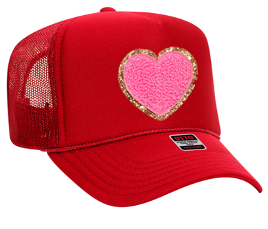 Heart Chenille Patch Red Trucker Hat